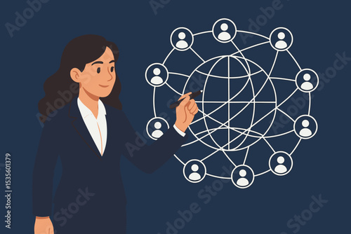 Businesswoman drawing a global network diagram. Concept for communication, social media connection, and worldwide business. Corporate vision, teamwork strategy, and community building.
