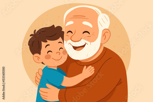 Happy grandfather hugging his grandson. Grandparents Day illustration. Loving family bond between senior man and child. Generations of love concept. Vector cartoon character design.