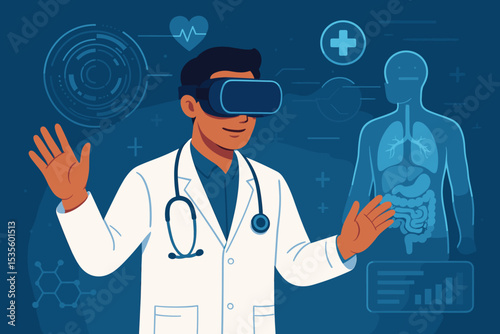 Virtual reality in healthcare concept. Doctor with VR headset analyzing human anatomy on a futuristic holographic interface. Telemedicine, medical simulation, MedTech innovation.