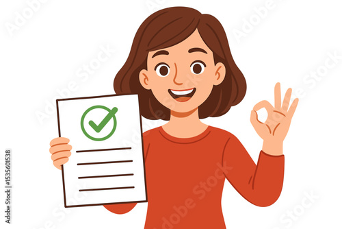 Happy woman holding an approved document with a green checkmark, showing an OK hand sign. Concept of success, positive result, task completion, validation, and a job well done.