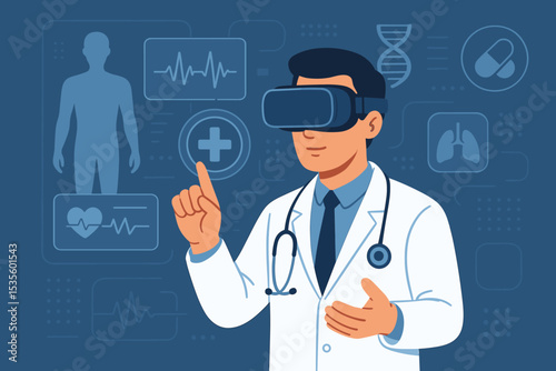 Virtual reality in healthcare concept. Doctor with VR glasses using holographic interface for medical diagnosis. Futuristic technology, telemedicine, metaverse, health tech.