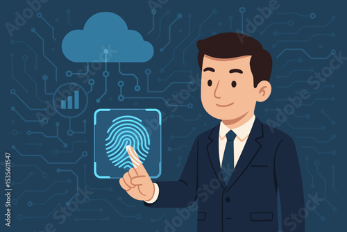 Businessman using fingerprint scan for biometric authentication. Cybersecurity concept with man unlocking secure cloud data. Digital identity verification and personal data protection.