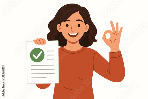 Happy smiling woman shows OK hand gesture and holds an approved document with green check mark. Concept of success, validation, certification, passing a test, or completed task.