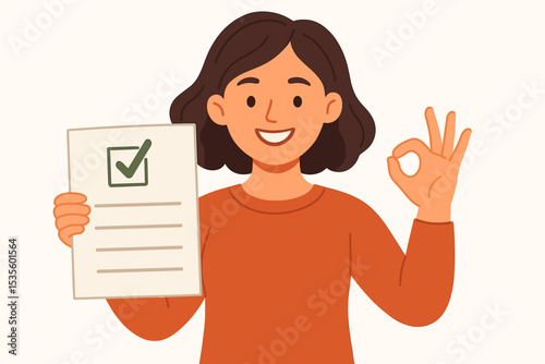 Smiling woman shows OK gesture and holds an approved document with a green check mark. Concept of success, task completed, positive result, satisfaction, and signed agreement. Good job.