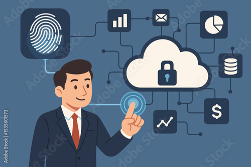 Biometric security concept with businessman using fingerprint scan for authentication. Secure cloud computing network access, data protection, cybersecurity, and information technology.