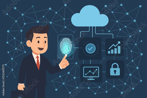 Cybersecurity concept with a businessman using a biometric fingerprint to unlock a secure cloud network. Digital identification, data protection, and future technology access control.