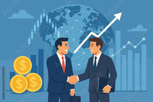 Businessmen shaking hands, successful deal. Global finance partnership concept with investment growth chart and stock market data. International business agreement and economic success.