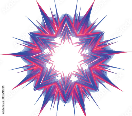 A starburst design with red and blue lines emanating from a central white light on a white background