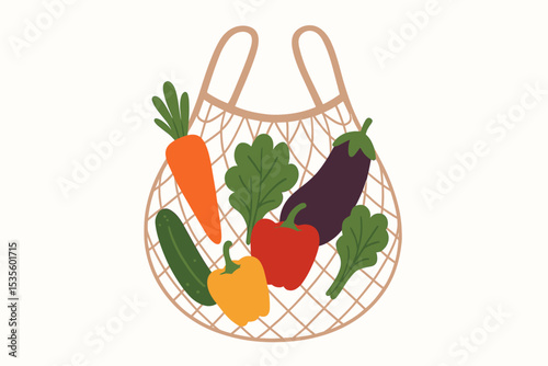 Eco-friendly reusable mesh grocery bag with fresh organic vegetables. Zero waste and plastic-free shopping concept. Healthy eating, sustainable vegan lifestyle illustration.