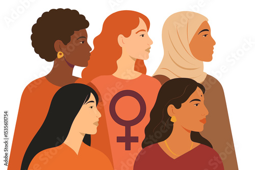 Diverse group of multicultural women standing together. Concept for feminism, sisterhood, and female empowerment. Vector illustration for International Women's Day. Unity in diversity.