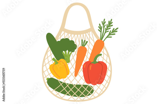 Eco-friendly reusable shopping mesh bag with fresh vegetables. Zero waste and plastic free concept for healthy grocery shopping. Carrots, peppers, broccoli and cucumber vector icon.