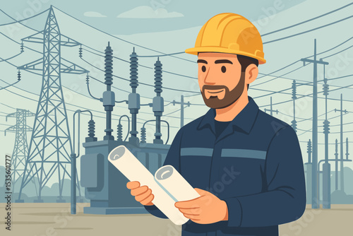 Engineer inspecting a high-voltage power plant. Electrical worker in hard hat with blueprints at a substation. Energy industry, grid maintenance, electricity supply concept.