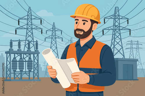 Electrical engineer inspecting a power plant with blueprints. Technician at a high voltage substation with transmission towers. Electricity industry and energy grid concept vector.