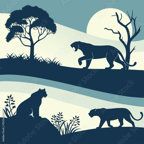 Silhouetted leopards in a tranquil african landscape with trees and a full moon depiction