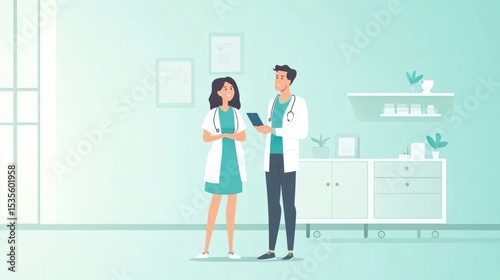 Professional healthcare workers discussing patient care in a modern medical environment with light colors and minimal design