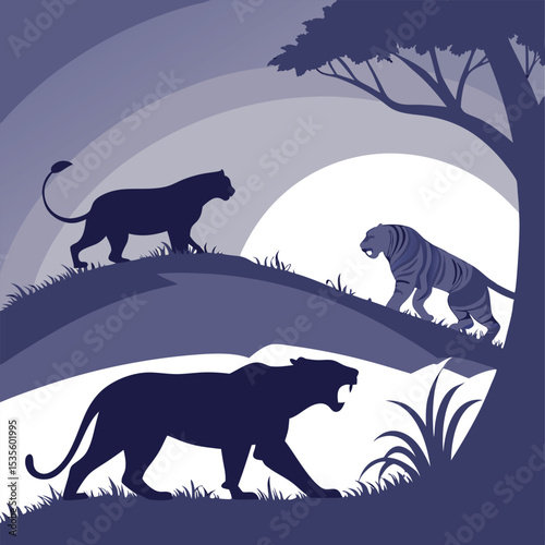 Silhouetted wildlife scene featuring tigers and lions with african sunset background