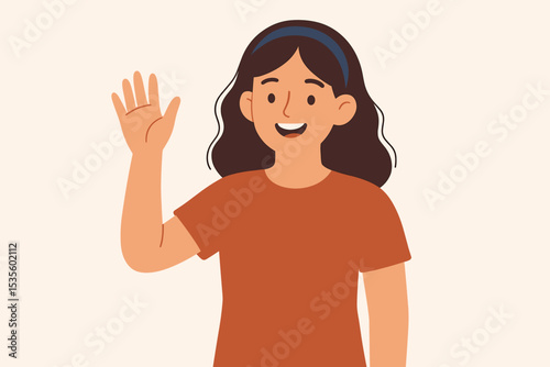 Happy young woman waving hand. Friendly girl smiling and greeting. Hello or goodbye gesture. Cheerful female character portrait. Welcome concept. Cute cartoon vector illustration.