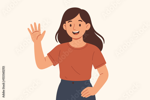 Happy young woman waving hand, friendly greeting gesture. Smiling brunette girl character saying hello or goodbye. Positive person emotion concept. Isolated vector illustration.