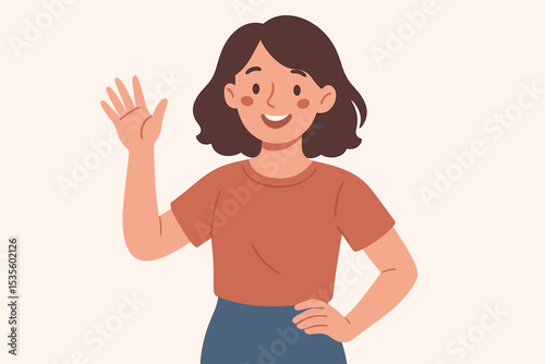 Friendly smiling young woman waving hand. Cheerful cute girl character saying hello or welcome. Happy positive person making a greeting gesture. Casual portrait vector illustration.