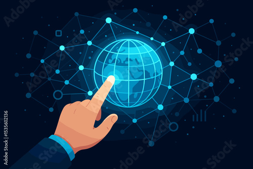 Hand touching a glowing digital globe. Global network connection concept. Technology, internet, and business communication. Worldwide data exchange, fintech and futuristic innovation.