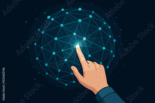 Hand touching a glowing node on a digital global network. Concept of future technology, business innovation, data communication, AI, internet, and global connectivity. Vector.