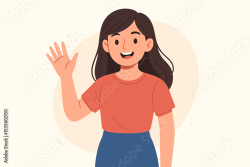 Happy woman waving hand. Friendly young girl smiling and greeting. Cheerful female character saying hello or goodbye. Positive person making a welcome gesture. Cartoon vector illustration.