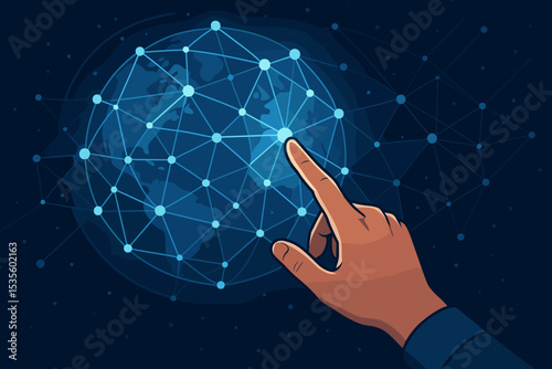 Hand touching global technology network connection point. World map background illustrates international business, communication, and digital innovation. Future of internet and data concept.