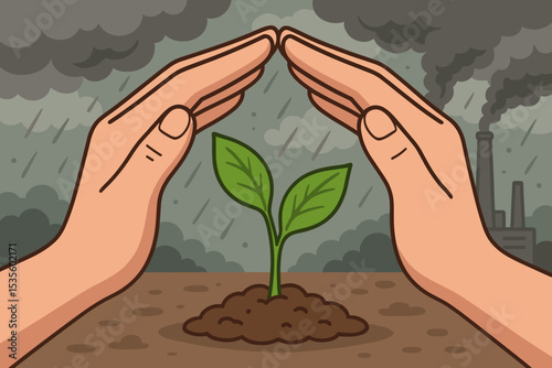 Hands protect young plant from pollution and acid rain. Environmental protection concept. Nature conservation against industrial smoke. Climate change, ecology, growth vector illustration.