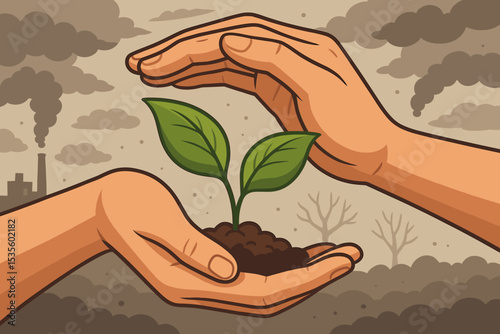 Hands protecting green plant sprout from industrial pollution. Concept for conservation, ecology, climate change, sustainability, care, save earth. Vector illustration for Earth Day.