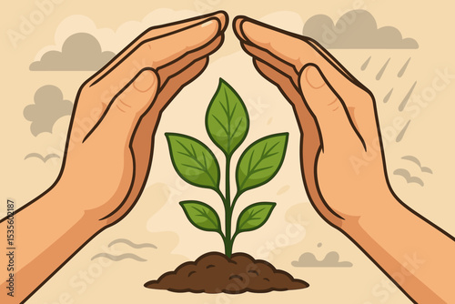 Nature guardian hands protecting a growing plant sprout. Concept of environmental conservation, sustainability, and ecology. Vector for Earth Day, new life, agriculture, and growth.