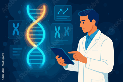 Genetic research concept with a scientist analyzing DNA data. Doctor in a lab coat using a tablet for futuristic gene analysis. Biotechnology, medical tech, chromosome study vector.