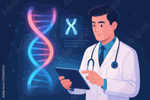 Doctor using a tablet for genetic analysis. Scientist researching DNA and X chromosome on a futuristic interface. Concept for biotechnology, medicine, and healthcare innovation.