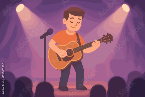 Singer songwriter performing on stage with an acoustic guitar. Young male musician character giving a solo concert under spotlights. Live music show illustration, talent concept.