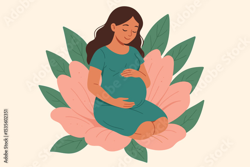 Serene pregnant woman embracing her belly, sitting in a blooming flower. Motherhood, maternity, new life concept. Gentle birth, natural pregnancy, fertility, and wellness vector.