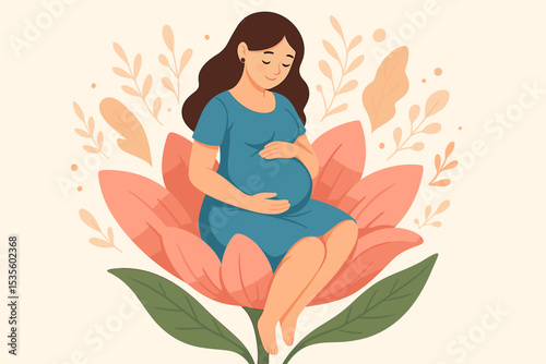 Serene pregnant woman holding her belly, sitting inside a blooming lotus flower. Maternity and motherhood concept vector. Symbol of new life, fertility, and gentle beginnings.