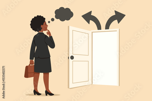 Career choice concept. Black businesswoman at a crossroads making a decision. Thoughtful African American professional with briefcase choosing between two paths at an open door.