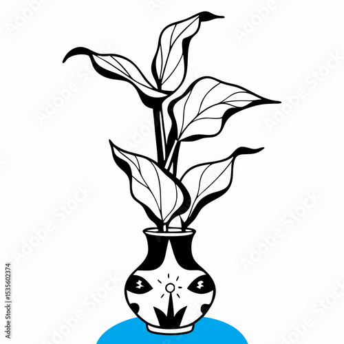 Black and White Line Drawing of Peace Lily in Pot