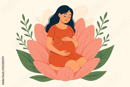 Beautiful pregnant woman sits in a blooming pink flower, gently holding her belly. Concept of motherhood, new life, fertility, harmony with nature, and pregnancy wellness. Vector.
