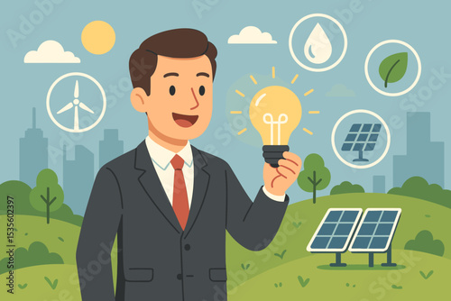 Eco friendly business innovation concept. Businessman holds lightbulb idea for green energy. ESG and sustainable technology with solar panels, wind turbine. Corporate responsibility.