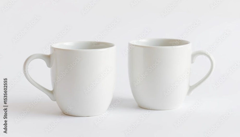 Obraz premium Two pristine white ceramic mugs sit on a plain white background, surface, branding