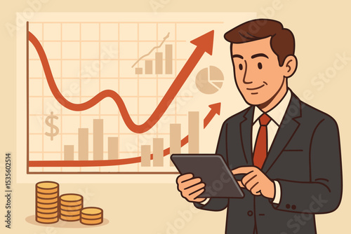 Successful investor analyzing financial data on a tablet. Illustration of economic recovery with a V-shaped growth chart, increasing bar graphs, and stacks of coins. Business success.