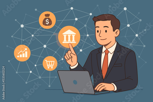 Businessman using laptop digital banking technology. Online finance management, mobile payments, investment, e-commerce, money transfer, fintech innovation network concept illustration.