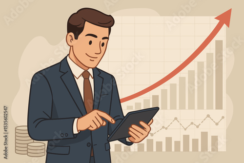 Businessman Analyzing Economic Recovery with Tablet. Financial Growth Chart, Upward Arrow, Stock Market Success. Corporate Strategy, Investment, Profit, Revenue Increase Concept.