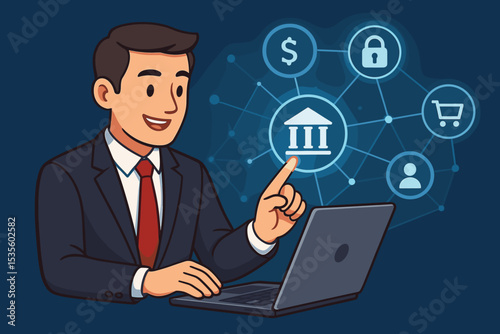 Businessman Using Laptop for Digital Banking Innovation, Online Financial Transactions, Cybersecurity, E-Commerce, Secure Payments, Banking Technology, Money Transfer, Network Connections