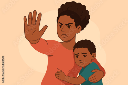 Protective African American Mother Embracing Child, Stop Gesture, Parental Protection, Family Safety, Loving Parent Hug, Motherhood, Child Security, Care, Child Support, Parental Guidance Concept