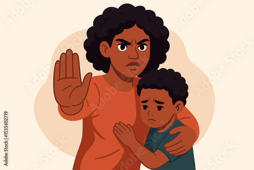 Protective African American Mother Embracing Child, Hand Raised in Stop Gesture, Family Support, Parental Safety, Preventing Danger, Love and Care, Parenting Concept, Modern Vector Illustration