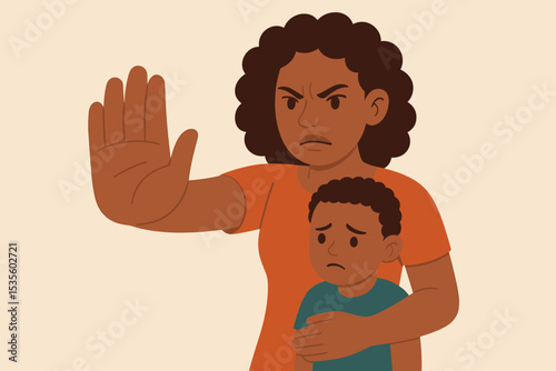 Protective African American Mother Shielding Child. Stop Gesture for Child Safety, Family Protection, Parental Care, Prevention of Harm, Strong Parenting, Supportive Diverse Family Concept