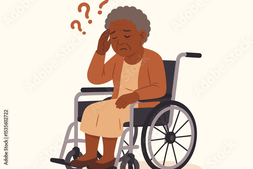 Elderly Woman in Wheelchair Facing Memory Loss, Confusion and Cognitive Decline. Senior Dementia, Alzheimer’s Disease, Aging, Disability, Mental Health Crisis, Question Marks Illustrate Forgetfulness