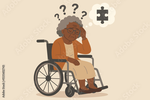 Elderly woman in wheelchair struggling with memory loss, dementia, confusion, cognitive decline. Alzheimer’s disease concept. Question marks, missing puzzle piece. Senior mental health illustration.
