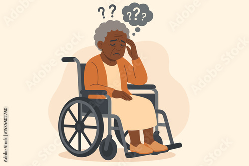 Elderly Woman in Wheelchair Experiencing Memory Loss, Confusion and Dementia Symptoms. Senior Healthcare, Alzheimer's Disease, Age-Related Cognitive Decline, Mental Health Problem Concept Illustration